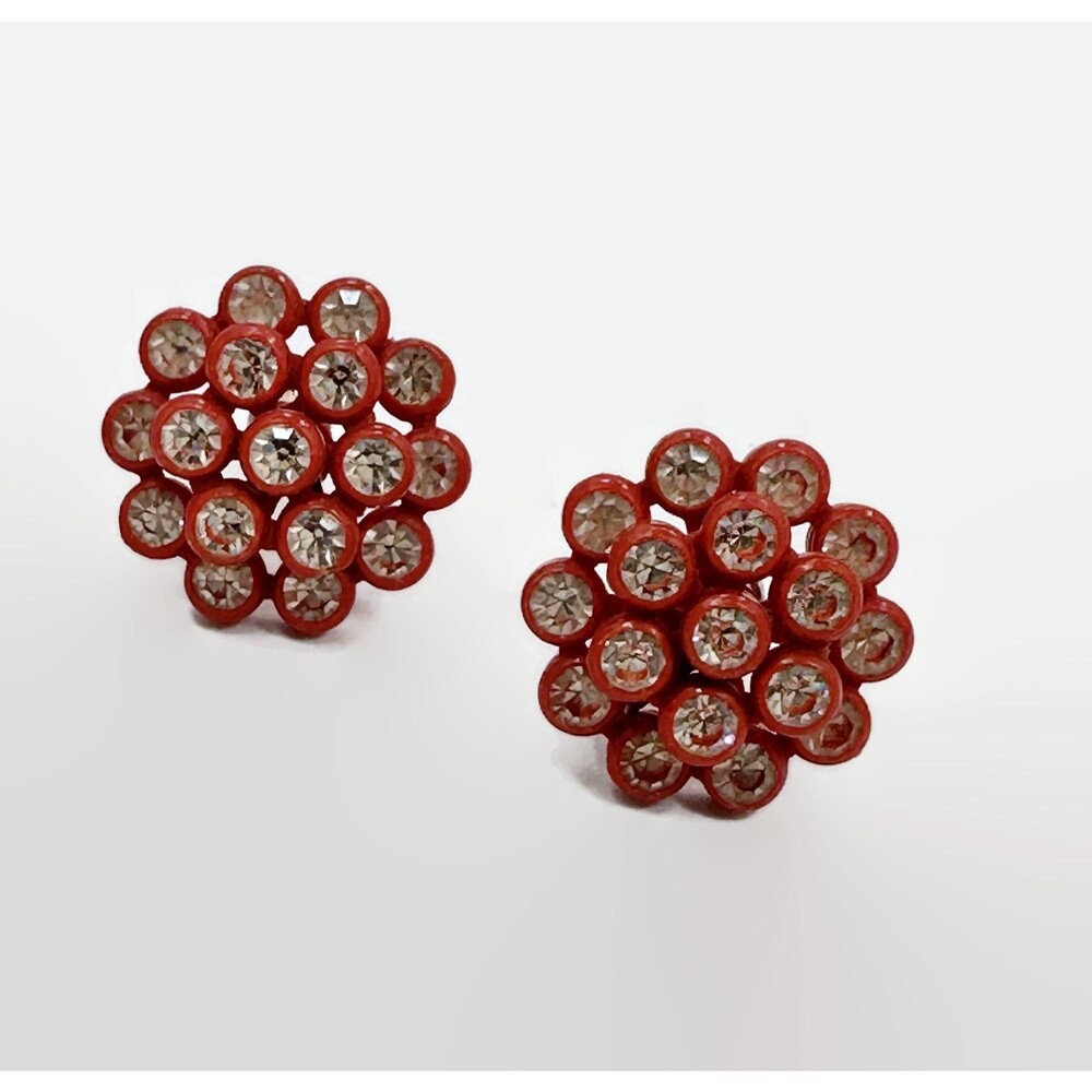 Vintage Earrings, 40s, 50s, Rhinestones, Sparkly, Red, Mid Century, Screw Backs